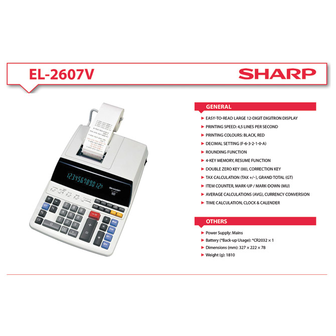 Računska mašina 12mesta Sharp EL-2607V siva